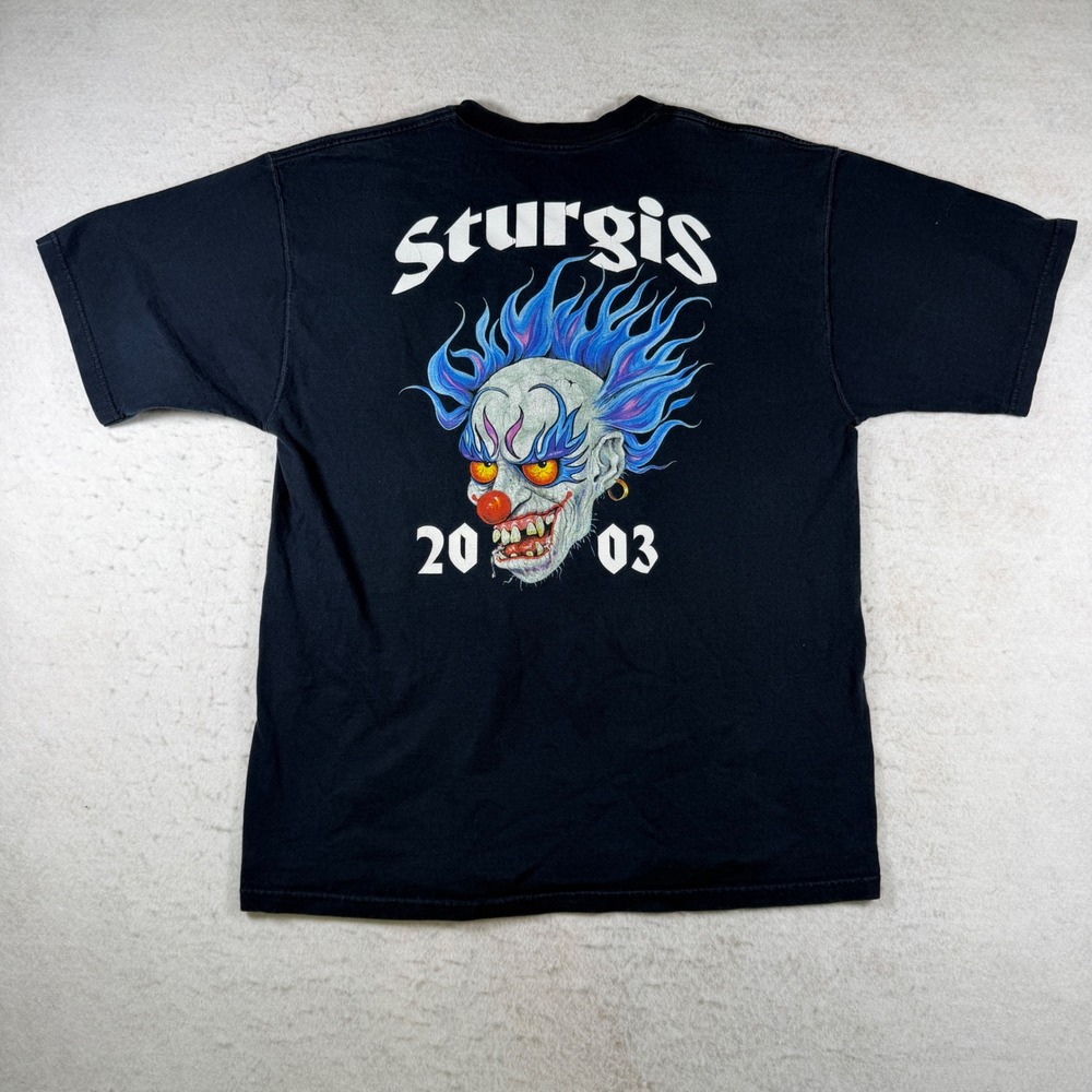 Vintage Sturgis 2003 Motorcycle Rally T-Shirt Black Evil Clown Graphic Mens XL